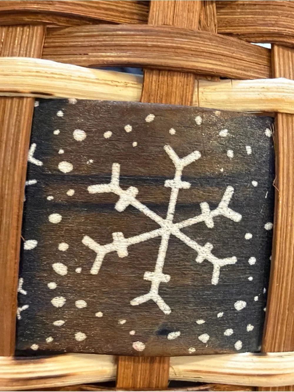 Woven Brown & Black Wall Pocket Basket Bag with Snowflake Accent